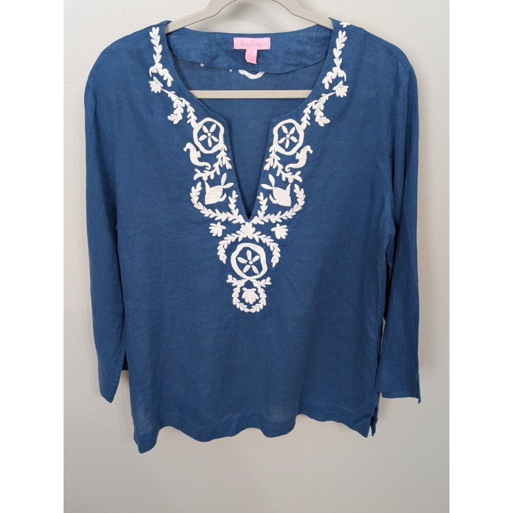 LILLY PULITZER Amelia Island 100% Linen Tunic Embroidered Navy Blue White L